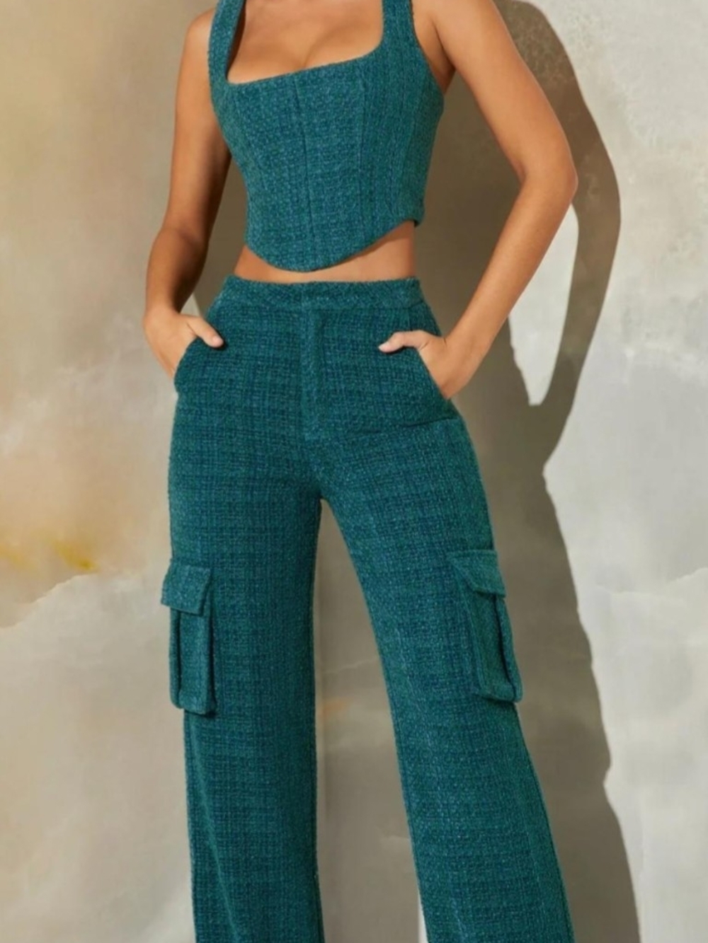Oh Polly Teal Tweed Wide-Leg Cargo Pants